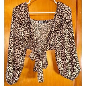 Audrey 3+1 Leopard Animal Print‎ Womens Long Sleeve Crop Top Tie Front Small